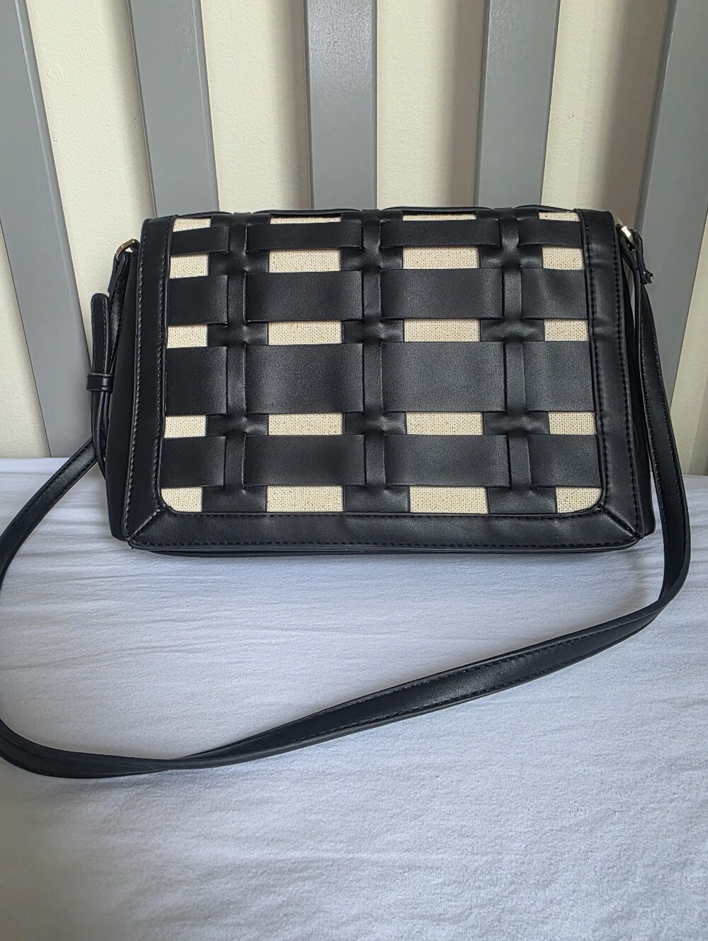 A New Day Woven Accent Crossbody Black And Cream Faux Leather Fold Over Flap Bag
